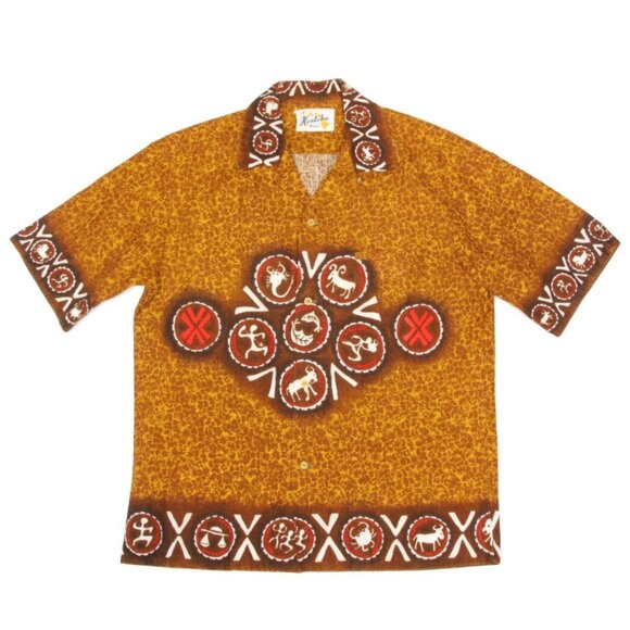 Vintage 60s HO ALOHA Zodiac Barkcloth Hawaiian Tiki Tribal Mens Shirt size M 915 - Picture 1 of 5